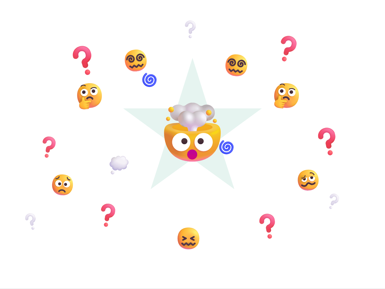 A confused, exploding head surrounded by question marks