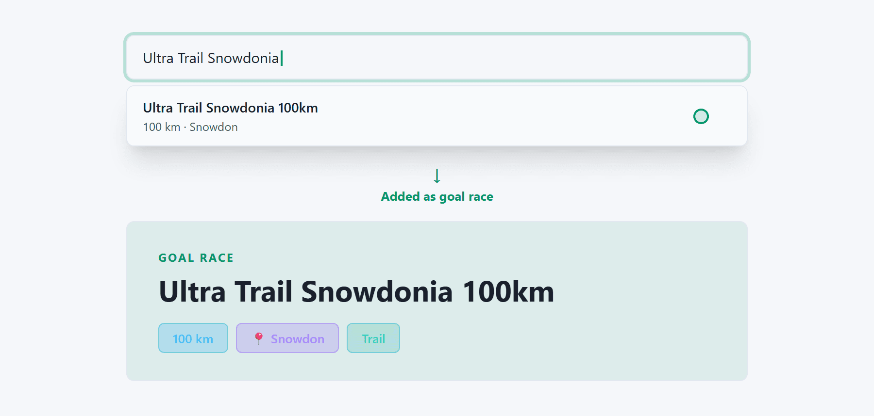 Searching for a goal race and the resulting race summary card